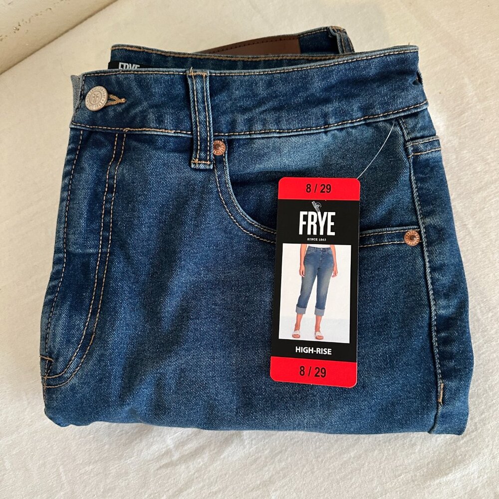 Frye Women's Stretch Jeans Size 8 Blue High Rise Straight Leg Cuffed Crop (NEW) - Picture 15 of 15